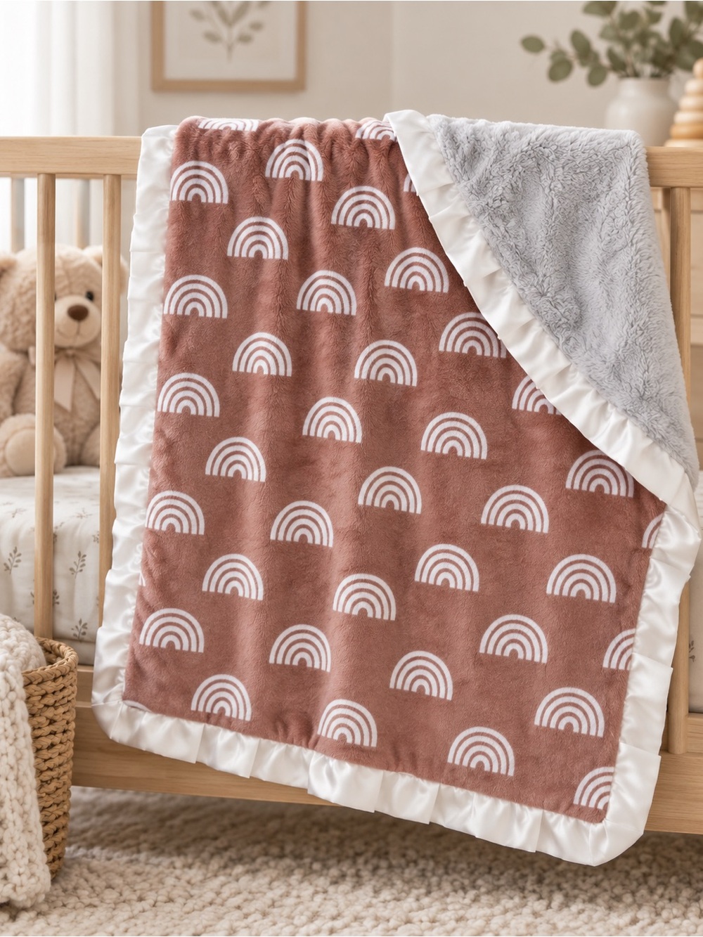 Minky Couture Rainbow Baby Blanket Mauve Gray Satin Trim
